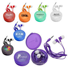 New design gift cheap portable OEM logo pocket size 1.2 m cable in-ear mobile phone earbud in circular shaped case packed